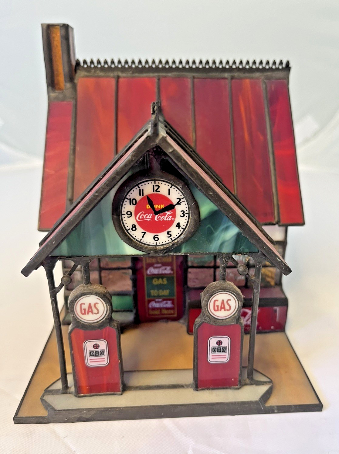 Vintage 1997 Coca-Cola Franklin Mint Stained Glass Gas Station Christmas Village