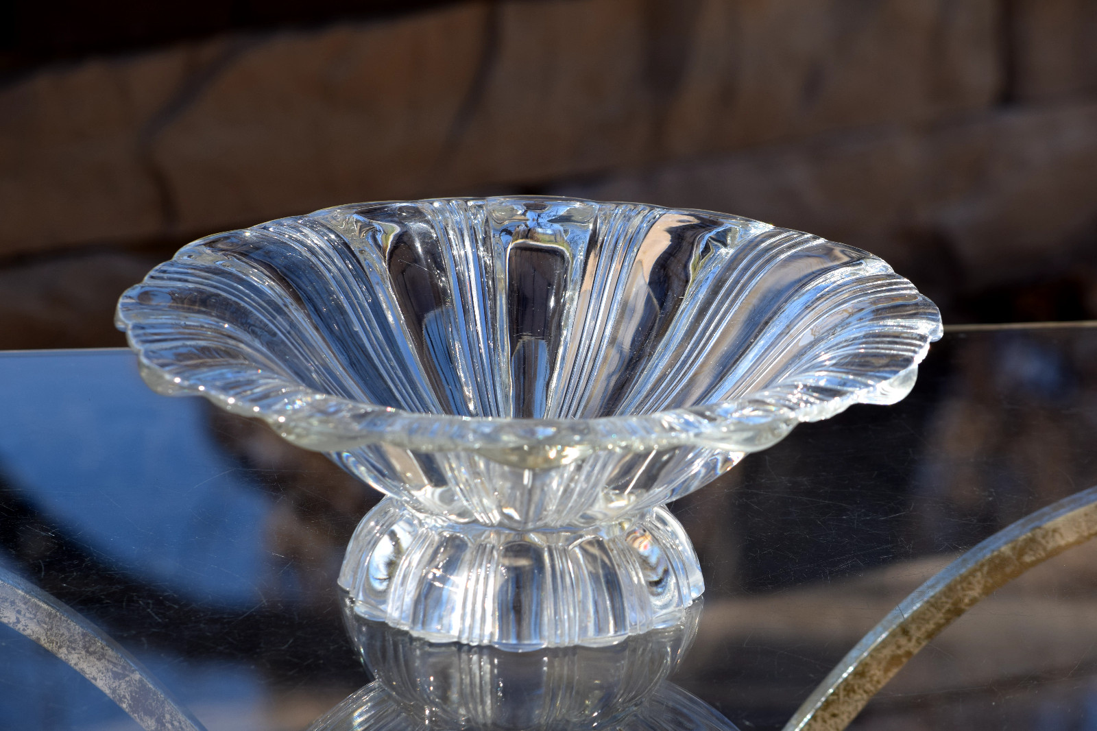 Vintage Pressed Glass Flared Centerpiece Bowl, Pressed Glass Fluted Ribbon