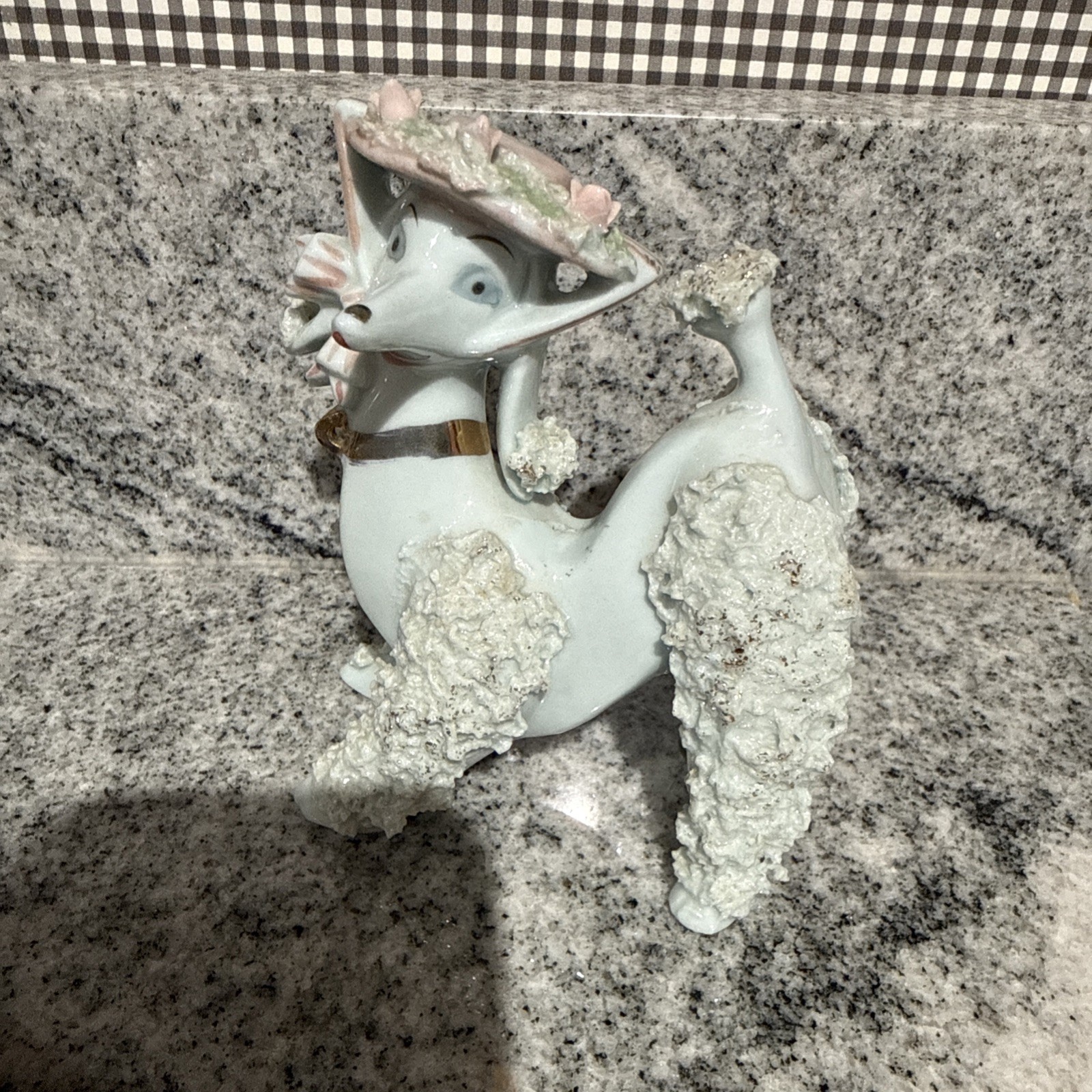 Vintage Original ARNART SPAGHETTI POODLE FIGURINE Light Blue - Pink Hat