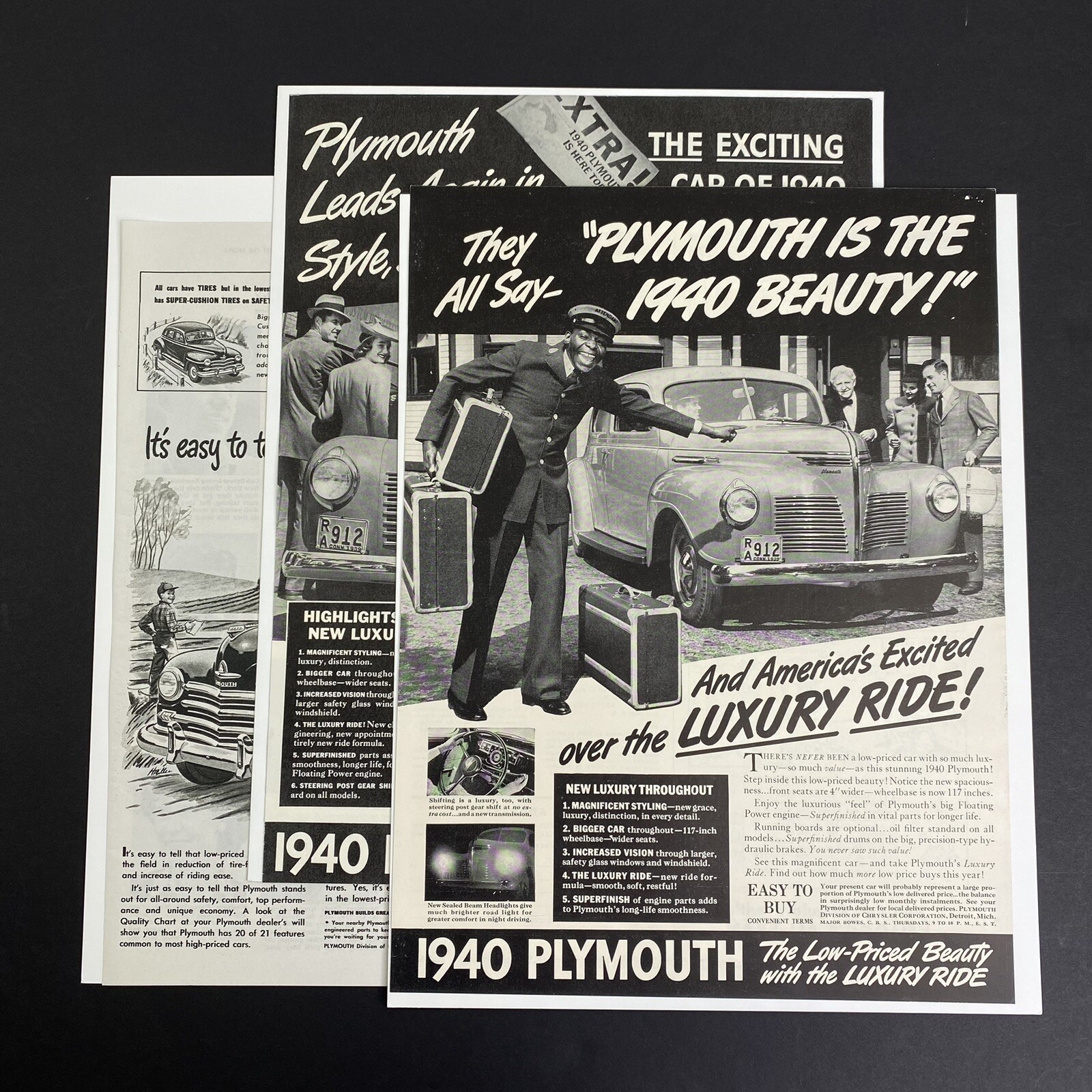 Vintage 1939 1948 Plymouth Luxury Ride Automobile Car Print Ad Lot of 3 Chrysler
