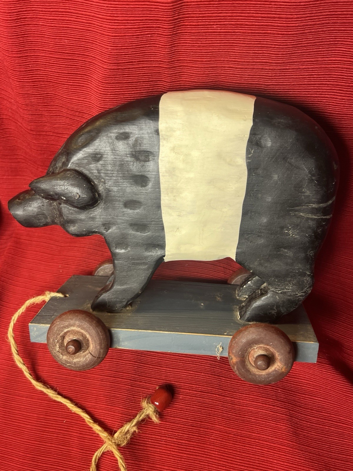 Country Pull Toy Pig Hog Folk Art Wooden Primitive Rustic Black Tan Country Pull Toy Pig Hog Folk Art Wooden Primitive Rustic Black Tan