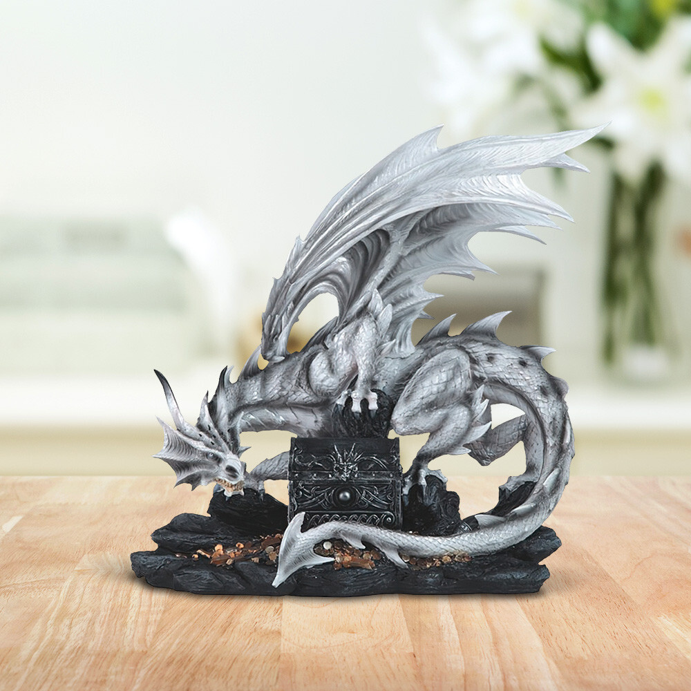 Medieval White Dragon with Treasure Chest Statue 20\