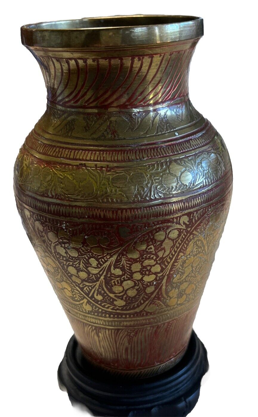 Vintage Bronze VASE Intricate Inlaid   Decorative India Hand Carved 5\
