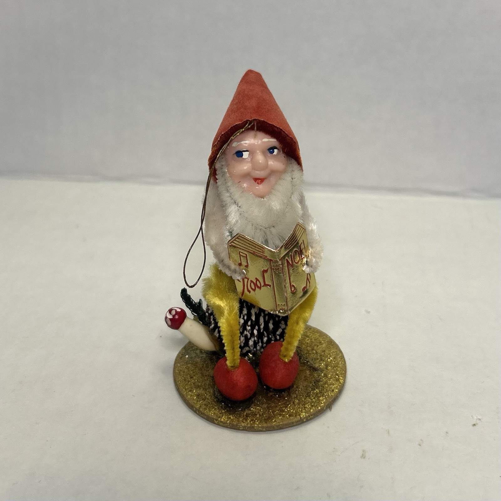 Putz Gnome Elf On  Pinecone Japan Ornament Vintage Spun Cotton Celluloid W Book