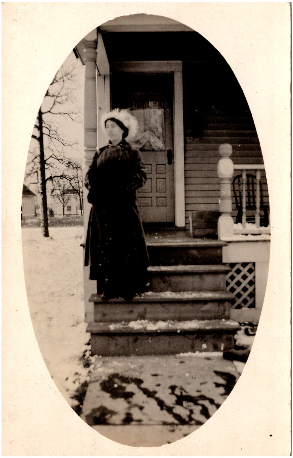 Pretty Woman on Porch in Fur Coat & Winter Hat 1900s RPPC Postcard Photo
