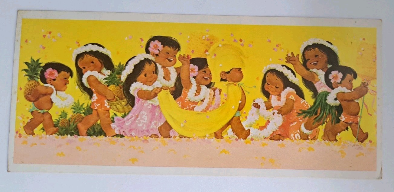 Long Postcard 1977 Posted Aloha From Hawaii Comic Kids Hawaiin card 8 x 3.5
