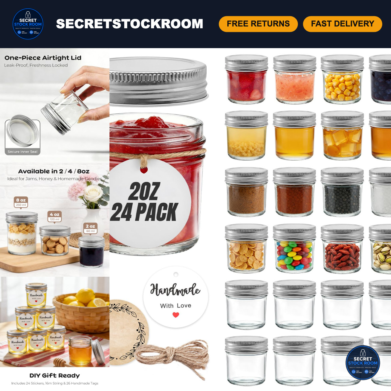24 Pack Mini Mason Jars 2 oz - Small Glass Storage Containers with Lids, Bulk Se