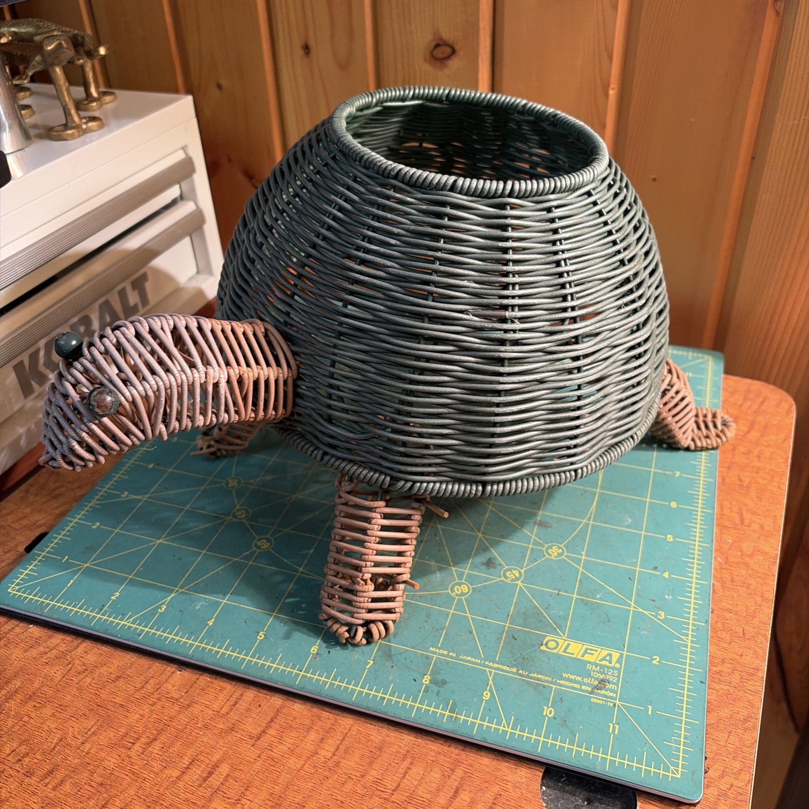 Green & Brown Wicker Turtle Planter Holder,  7” Tall, 12” W, 5.25” Planter Dia.