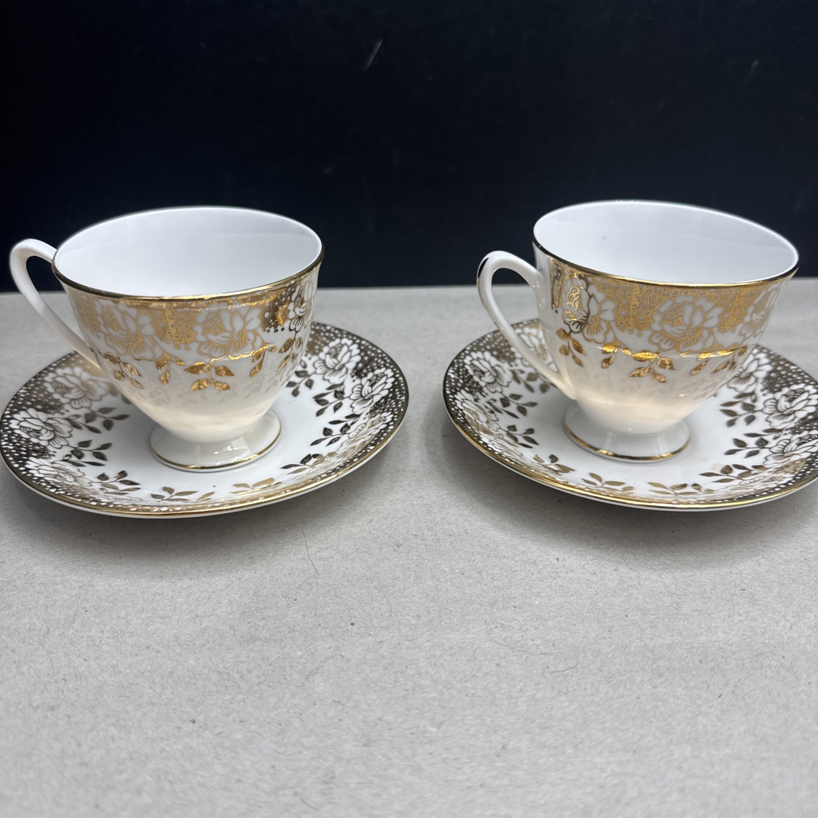 Pair Royal Standard Vintage Bone China Cup Saucer Gold Filigree Roses Service 2