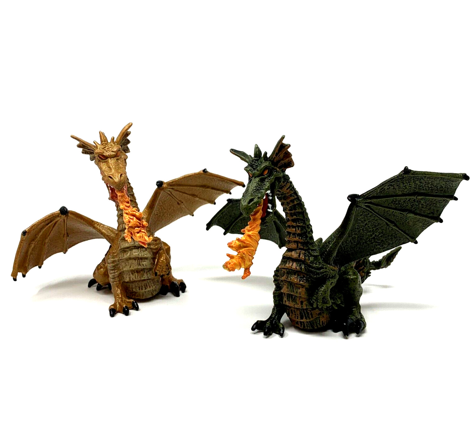 2 / Pair of 2005 Papo Winged Fire-Breathing Dragon PVC Figures 1x Gold 1x Green