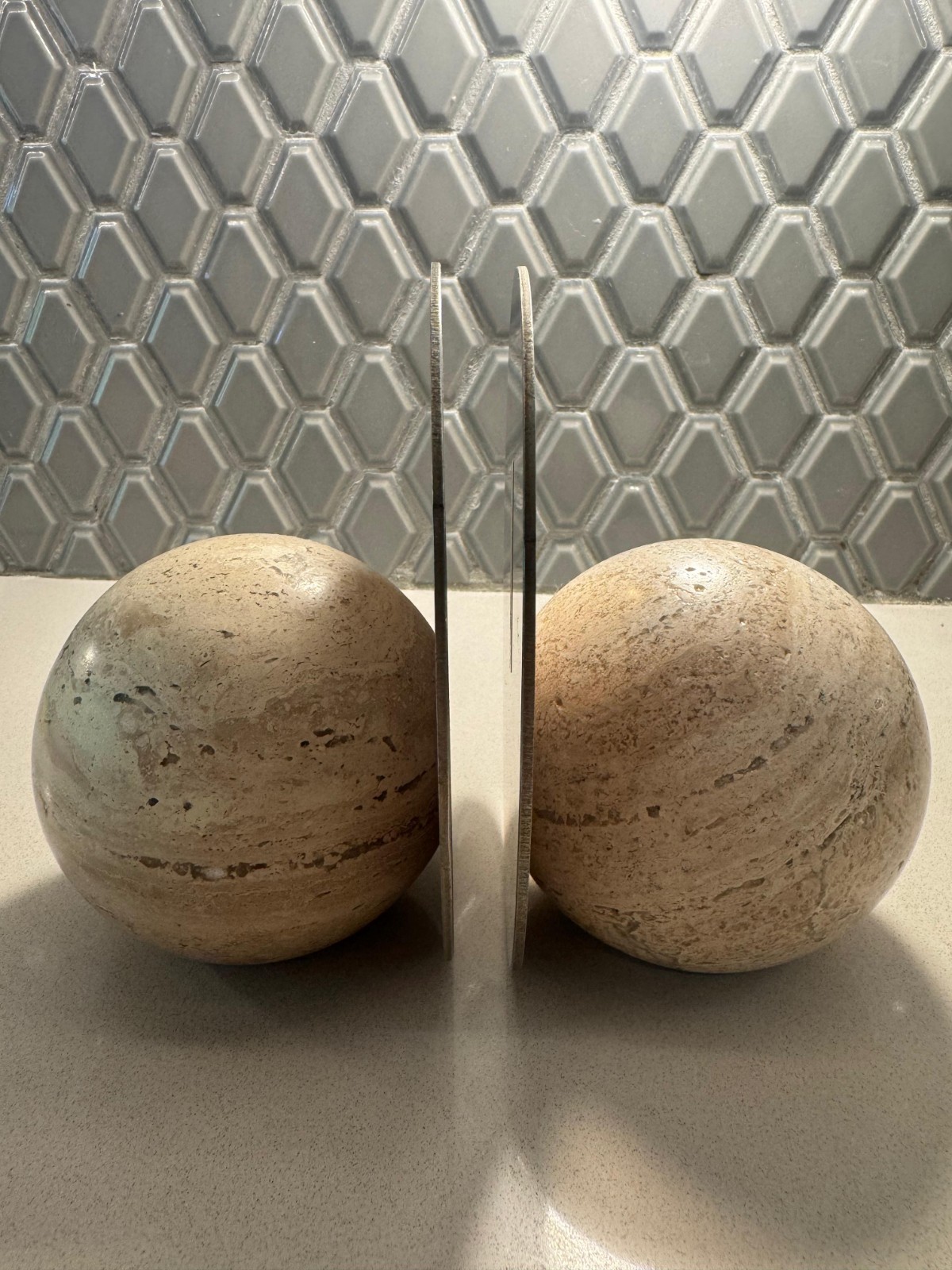 Vintage Italian Travertine Sphere Bookends Modernist Postmodern Marble MCM