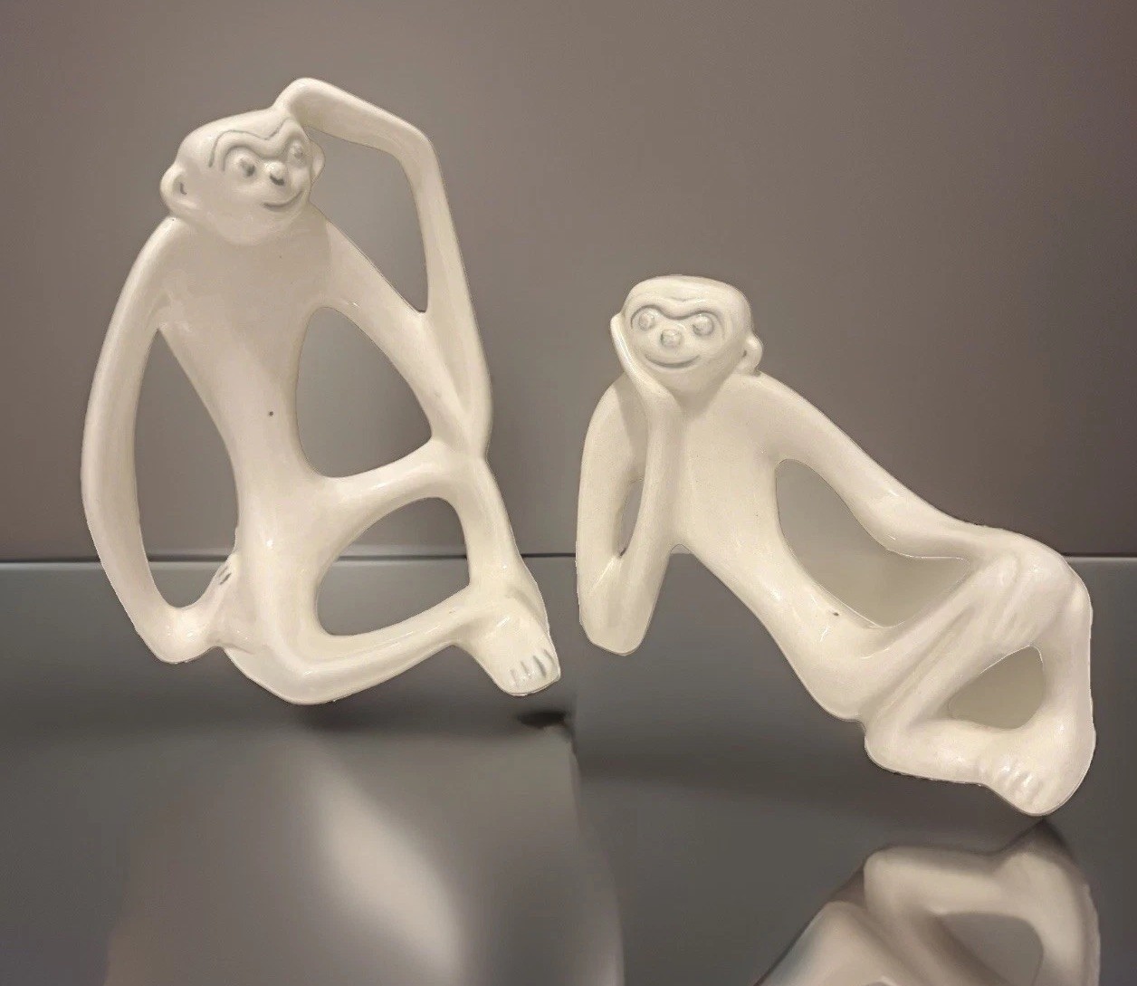 Vintage Tildon Ware Ceramic Monkey Figurines Pair White Gloss MCM Minimalist