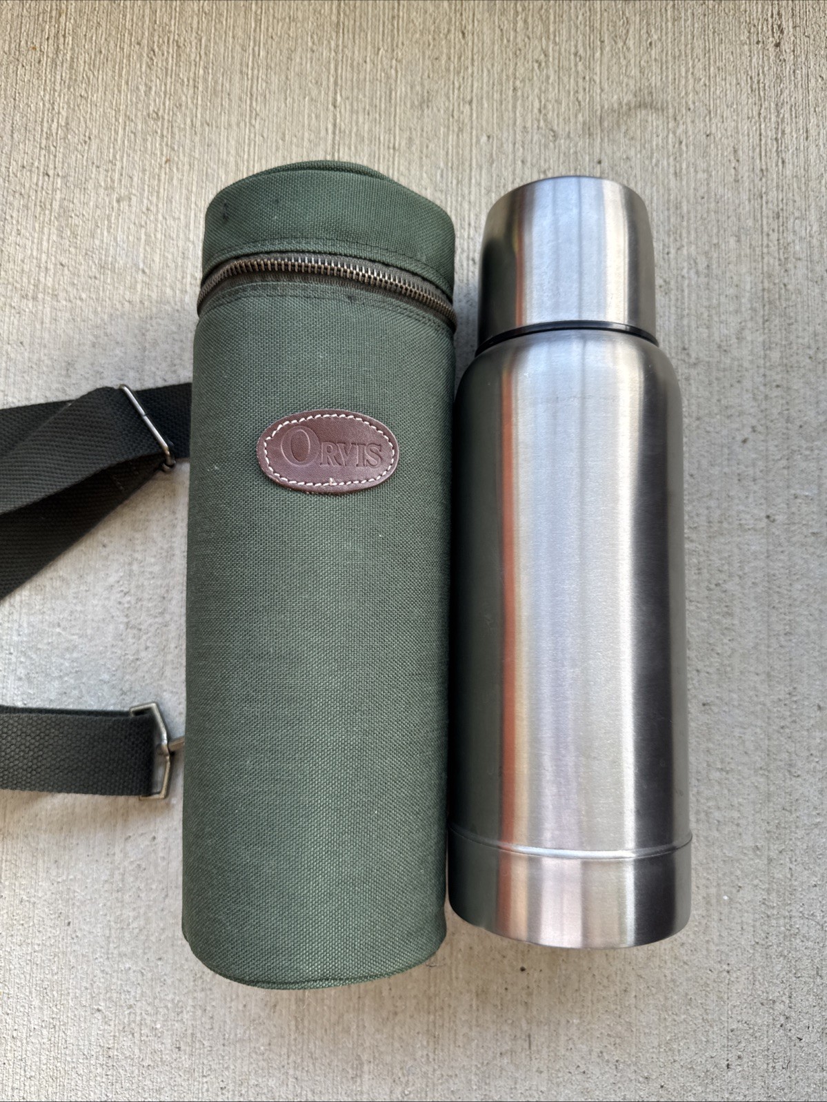 Vintage Orvis Stainless Steel Vacuum Thermos with Canvas Carrying Case