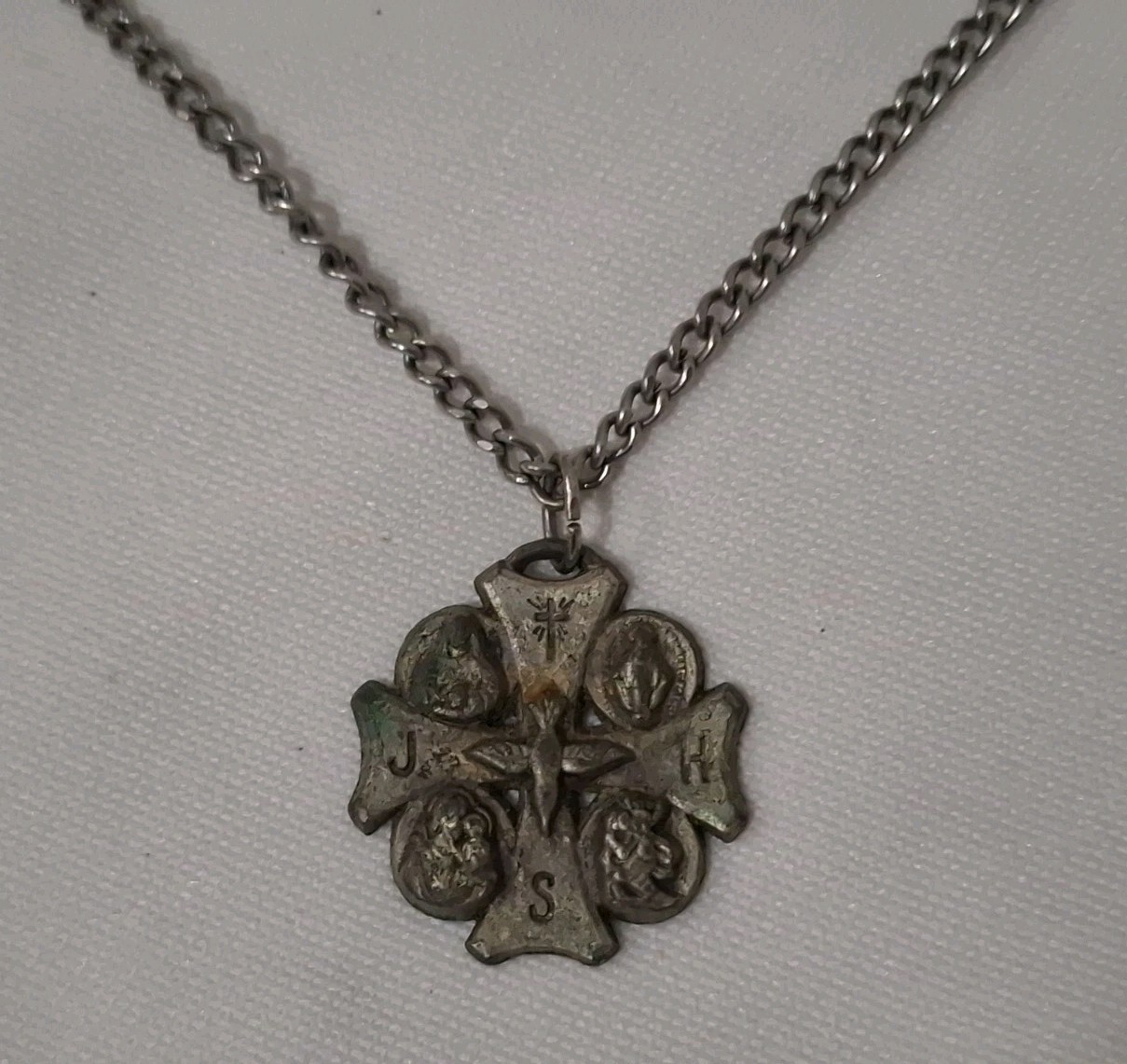 4 Way Cross Descending Dove Silvertone  Pendant Necklace