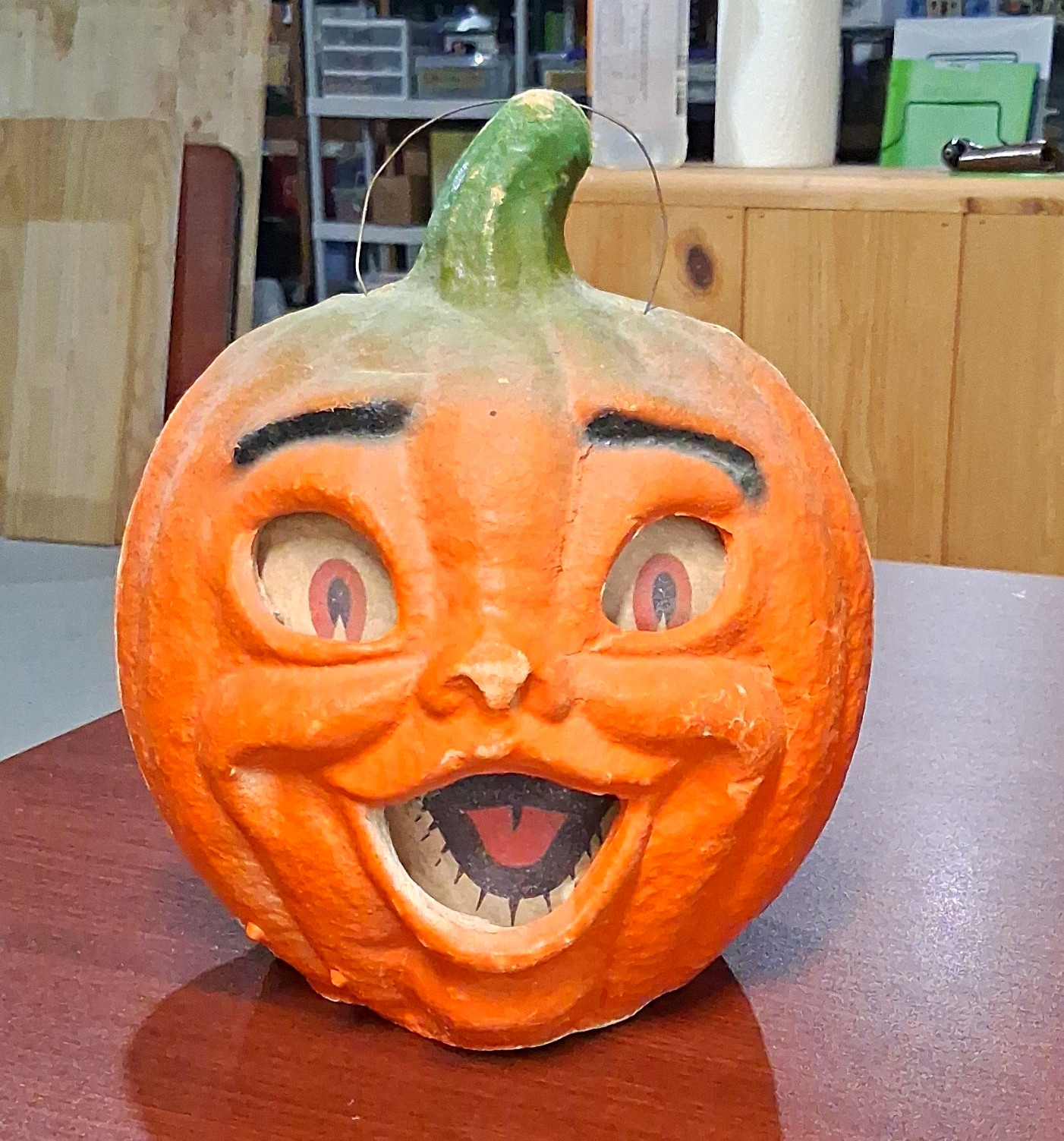 Vintage Two Faced 1940-1950'S Halloween pumpkin with rare green stem.