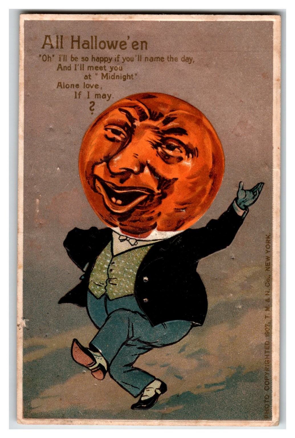 1907 All Hallowe\'en Dancing Pumpkin Man T. M. & N. Co. Halloween Postcard Tower