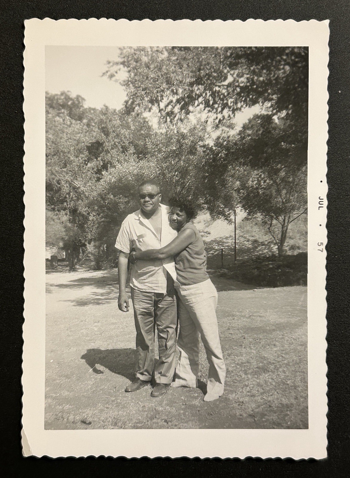 Vintage 1957 B&W Photo African American Couple Hugging Outdoors Deckle Edge