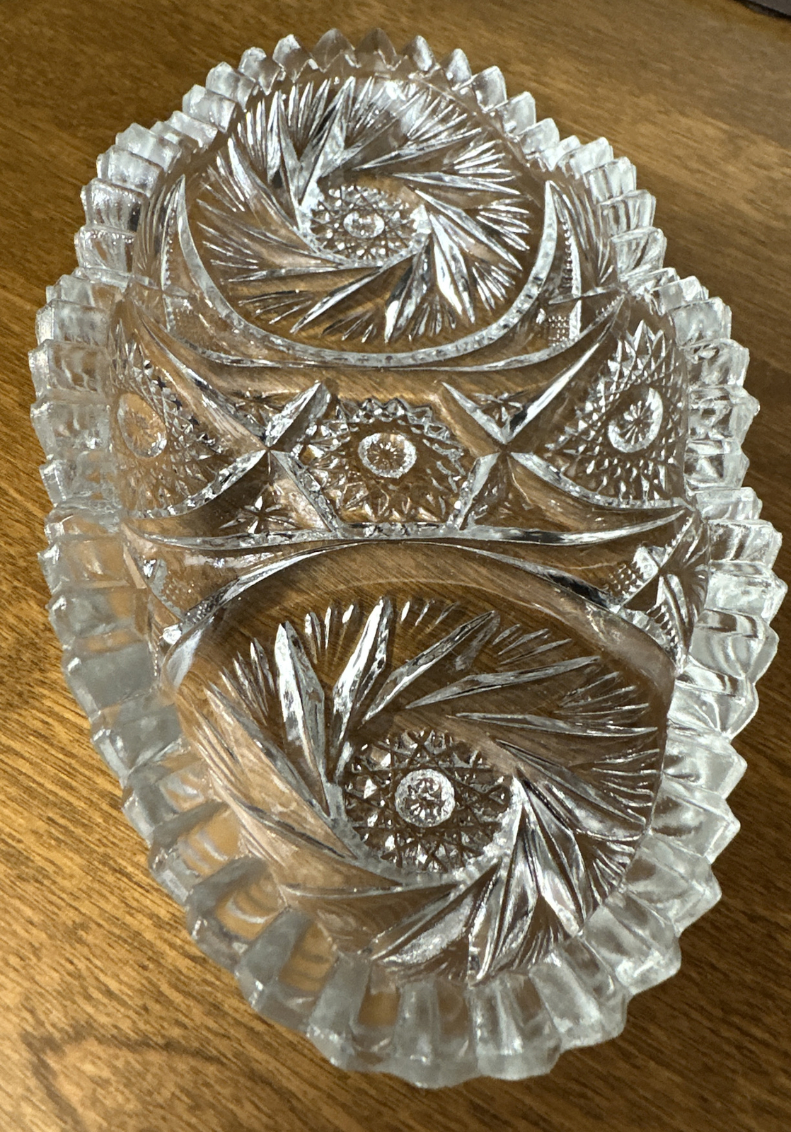 Hobstar Etched Cut Crystal Glass Relish Low Bowl Oval w/ Sawtooth Edge 6\