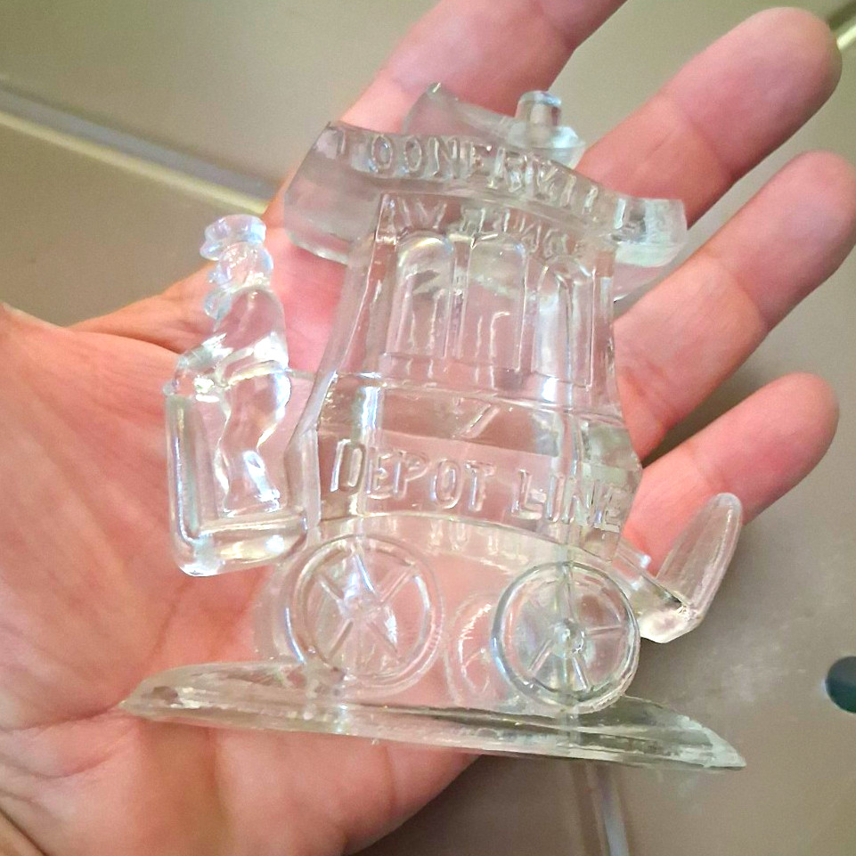 antique 1922 train clear glass candy container toonerville depot line #7