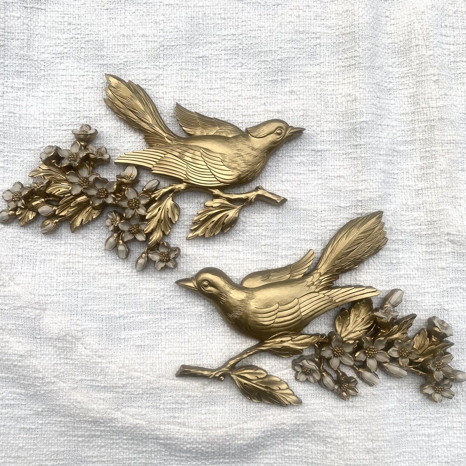 MCM Gold Bird Dogwood Wall Plaques Vintage Syroco Branch Flowers  1967 MCM 13”
