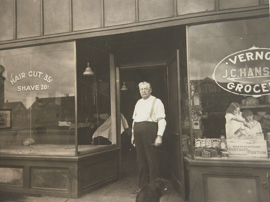 Antique Grocery Store Photograph 1910s-20s B&W Sepia Vernon Grocery J.C. Hansen