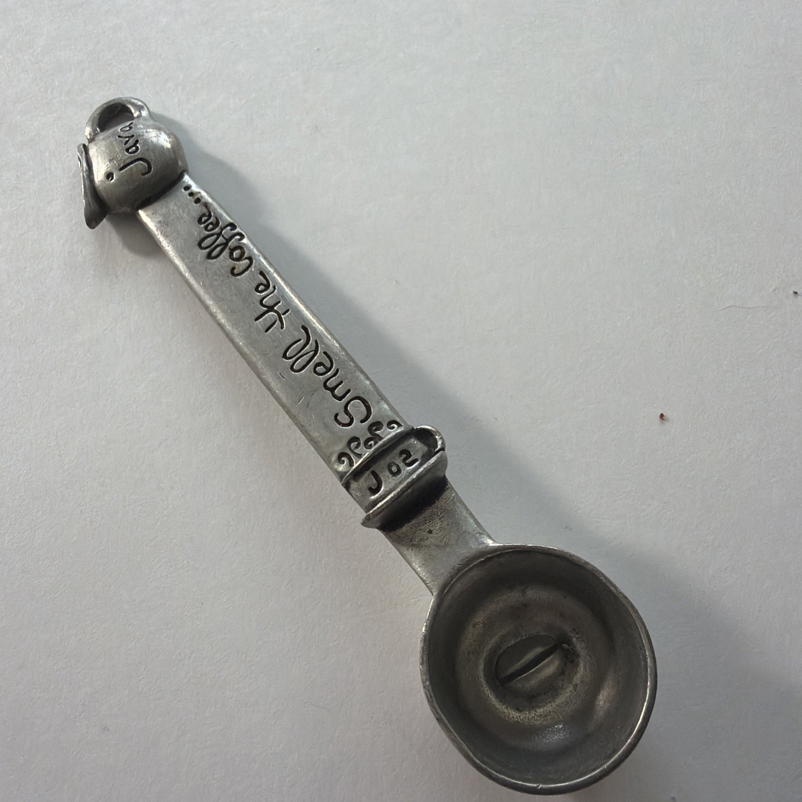 Vintage Smell The Coffee Figural Coffee Scoop MM Pewter Tone Cast Metal Spoon