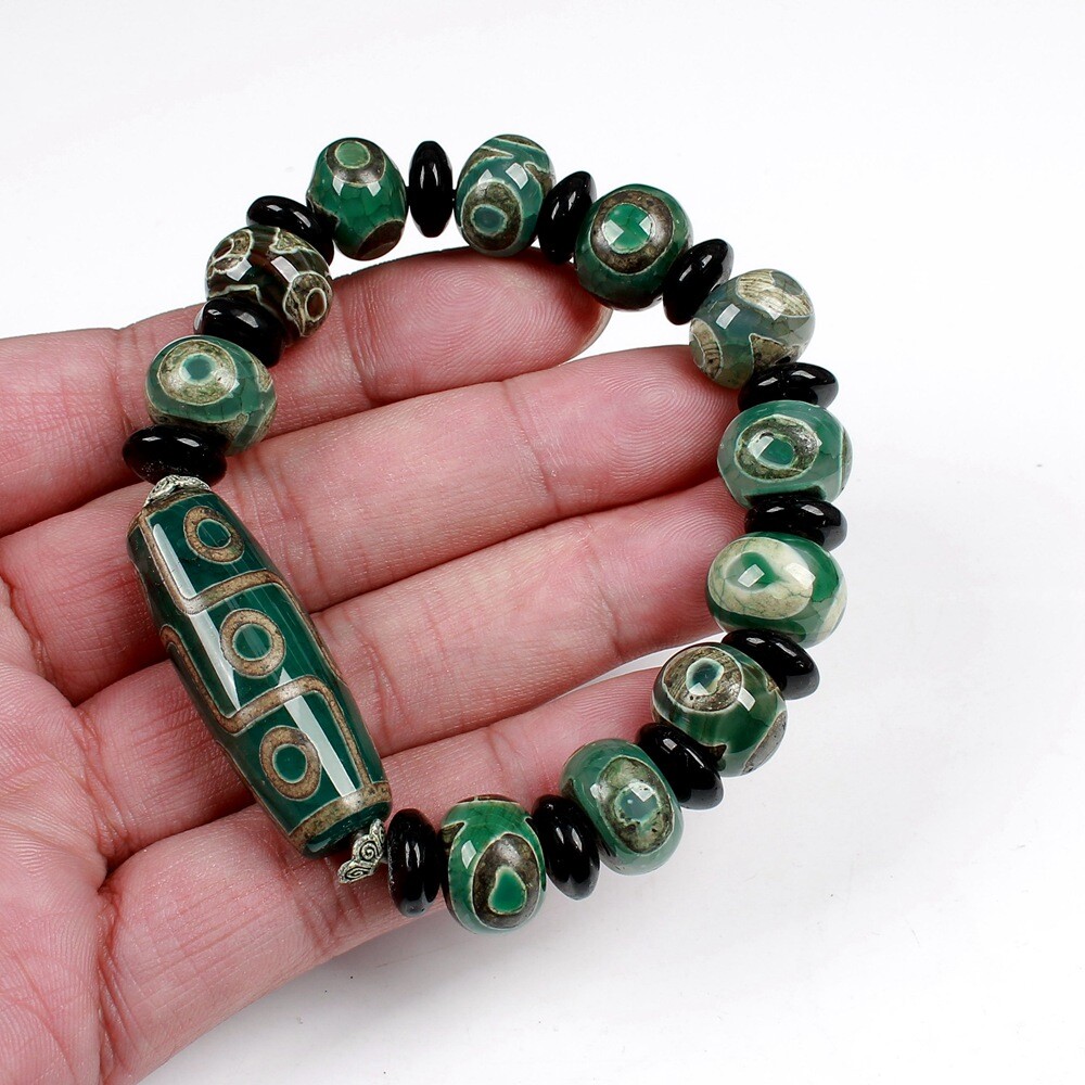 Energy Tibetan Old Agate Heaven&Earth Symbols Totem dZi Bead Bracelet Amulet AAA