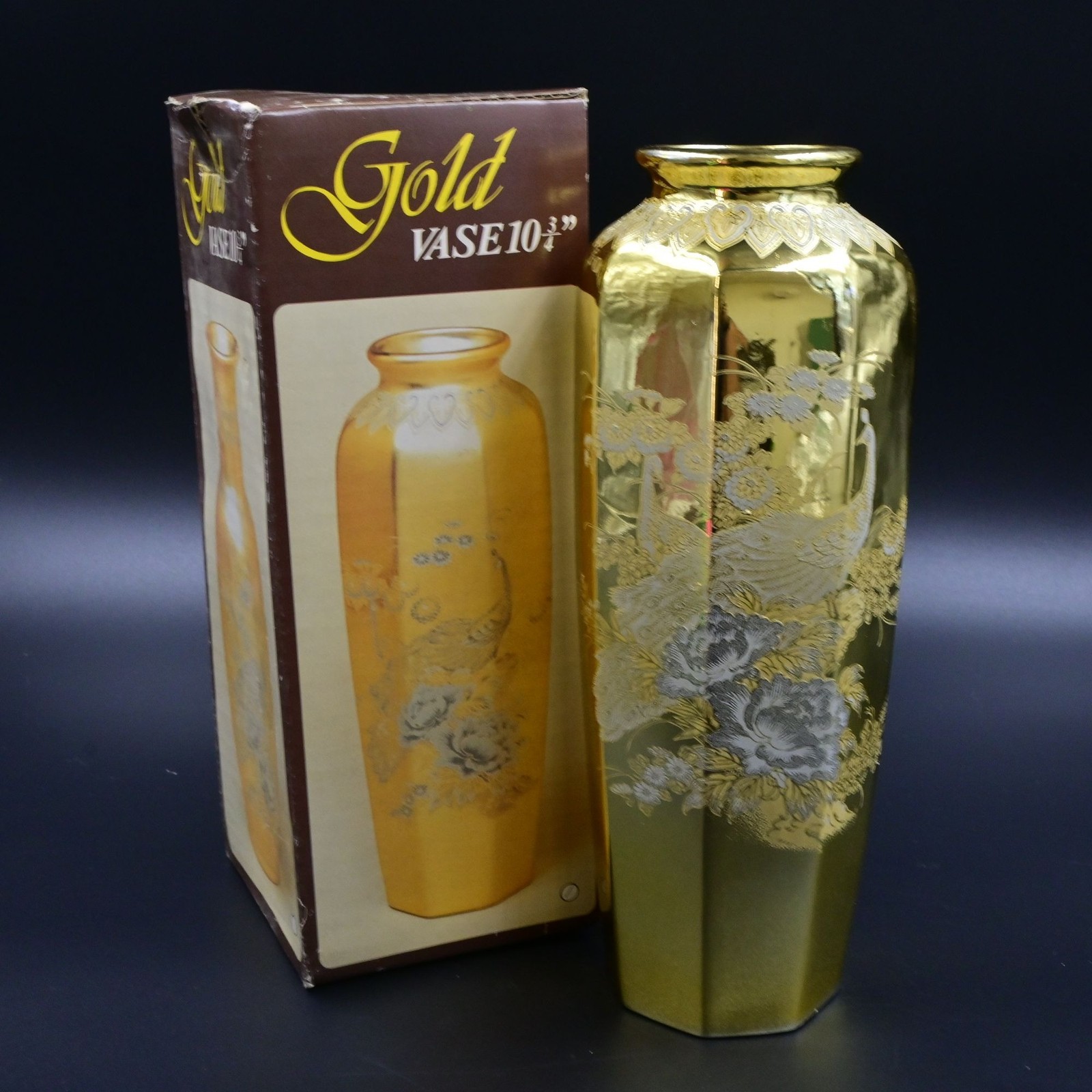 Japanese Golden Peacock Designed Vase Gilded Porcelain Satsuma In Original Box