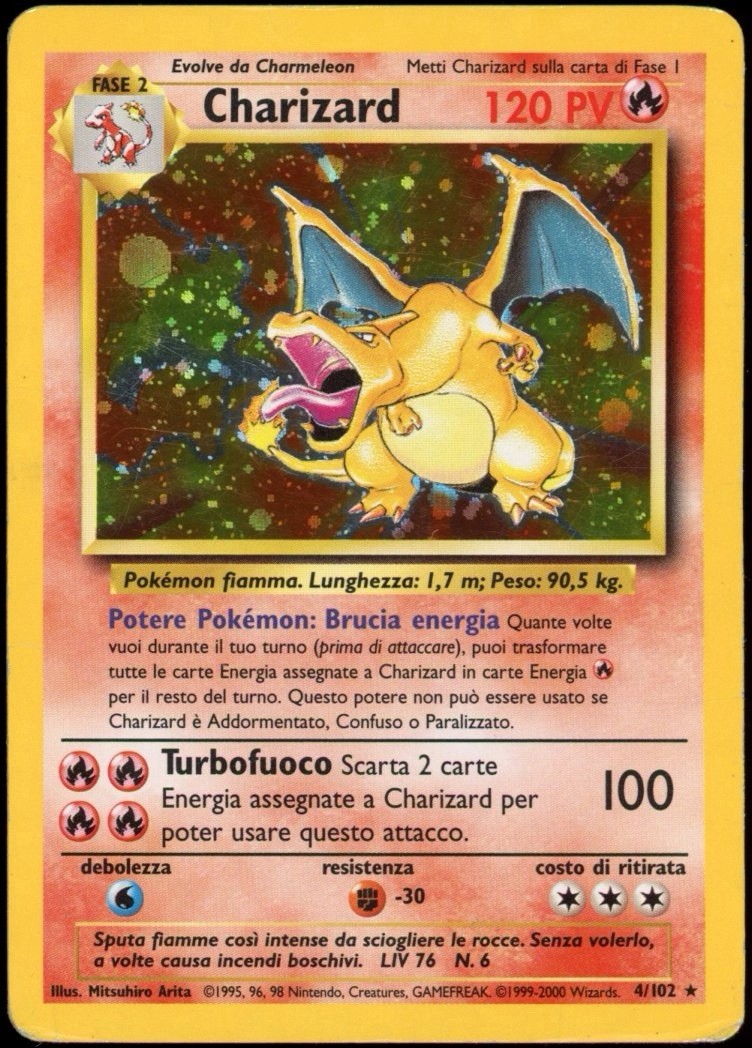 2000 Pokemon ITALIAN Unlimited Base Set Charizard Holo 4/102 GOOD