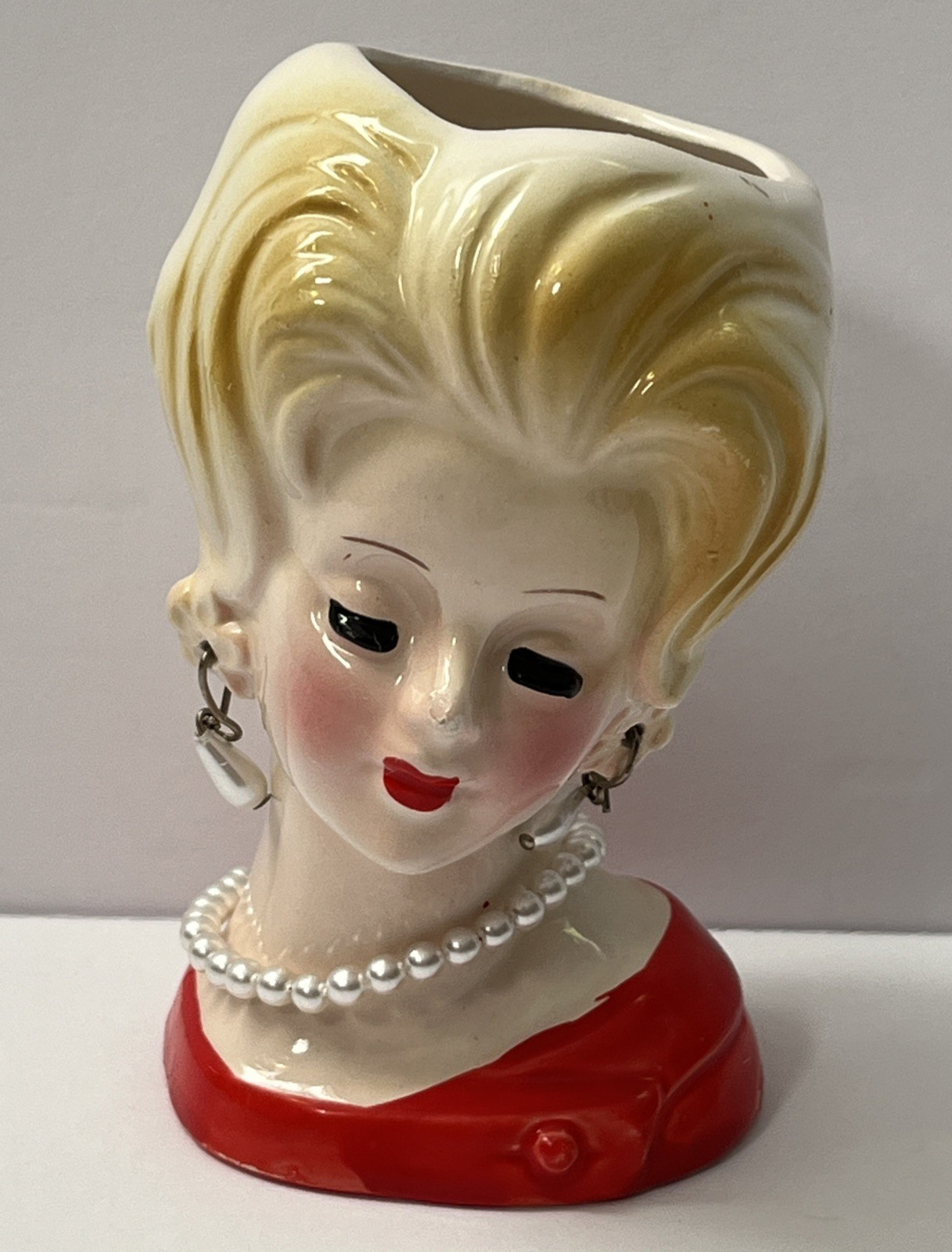 Vintage MCM Mini Lady Head Vase Red Dress Pearl Necklace & Earrings Marked Japan
