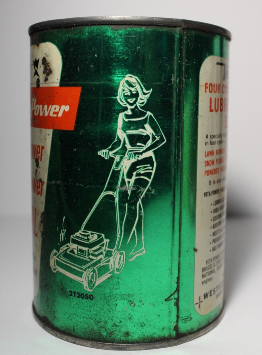 1960s VINTAGE Western Auto Oil Can Kansas City Missouri Woman Lawn Mower Graphic