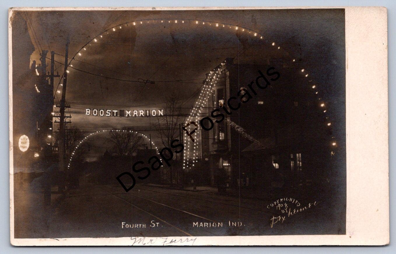 K62/ Marion Indiana RPPC Postcard c1910 Night Arch Fourth Street 