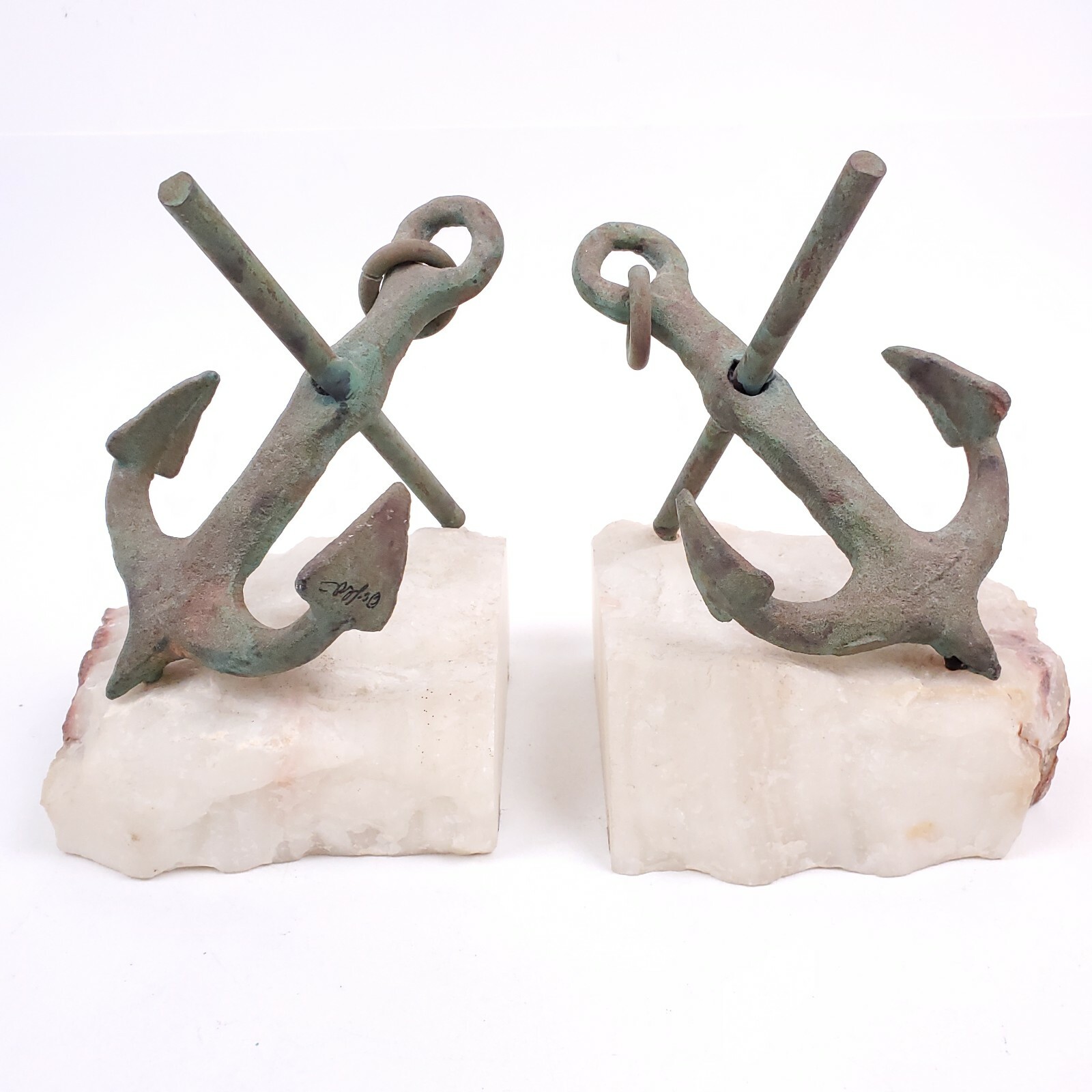 Vintage 1970\'s Pair Signed CURTIS JERE Bronze Anchor & Quartz Nautical Bookends
