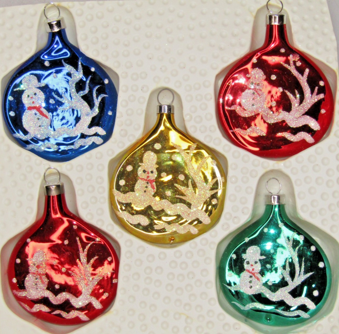 Lot VTG Glass SNOWMAN Pictured Stencil Flat DROP Christmas Ornaments Bradford