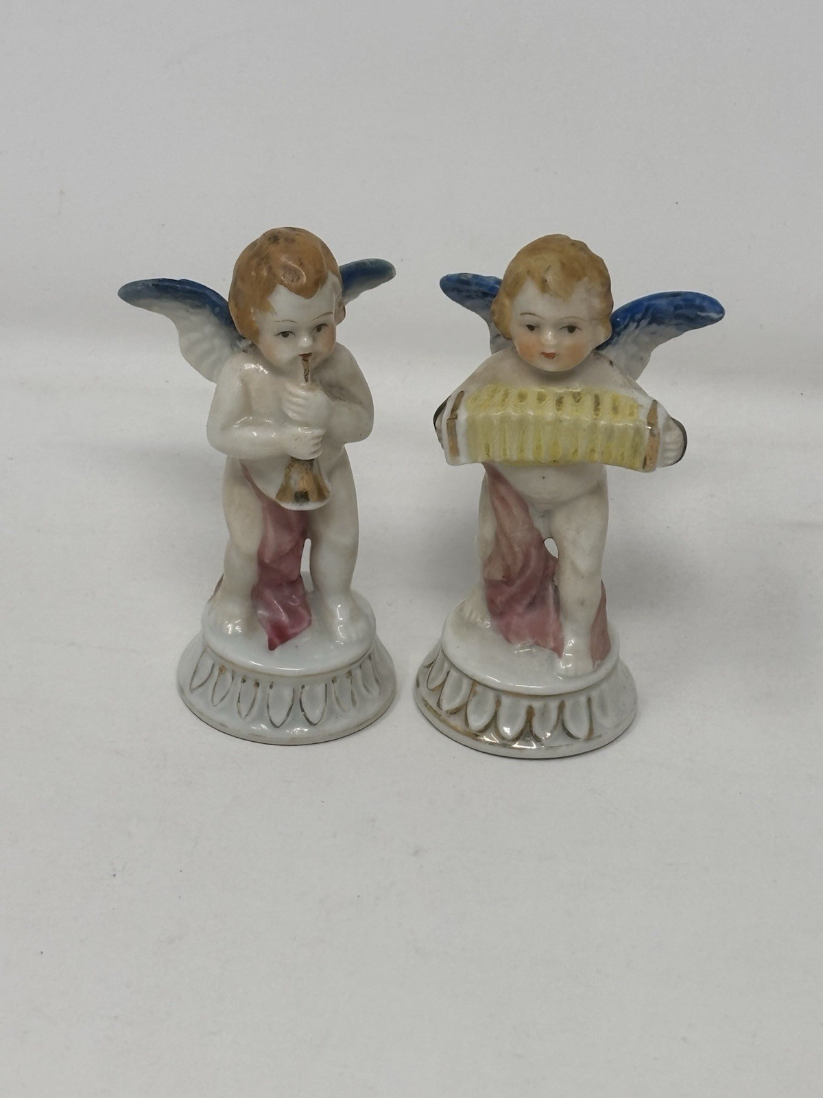 Vintage Occupied Japan Cherub Angel Musician Figurines Pair 3.5” Porcelain