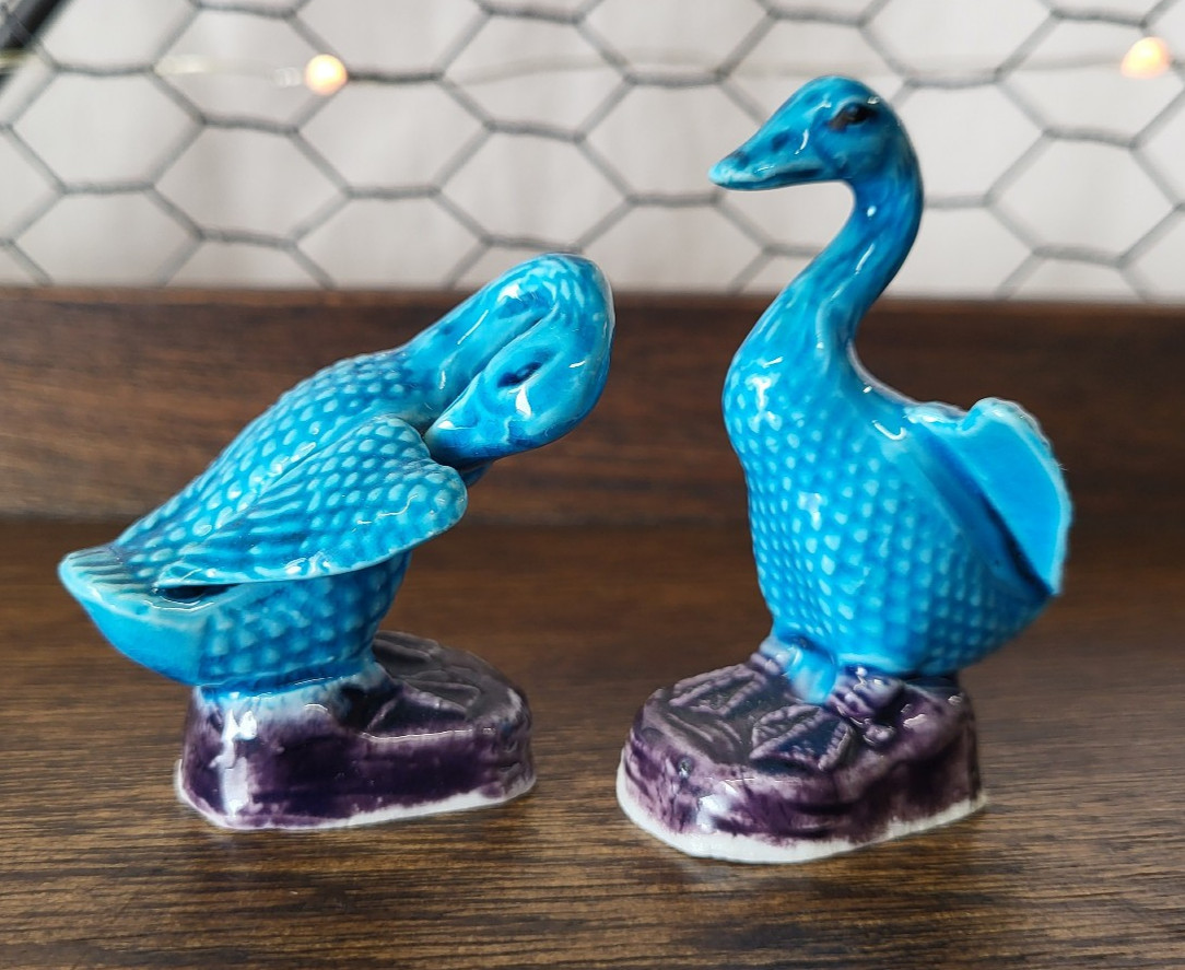 Vintage Set of Chinese Turquoise Blue Porcelain Duck Mini Figurines