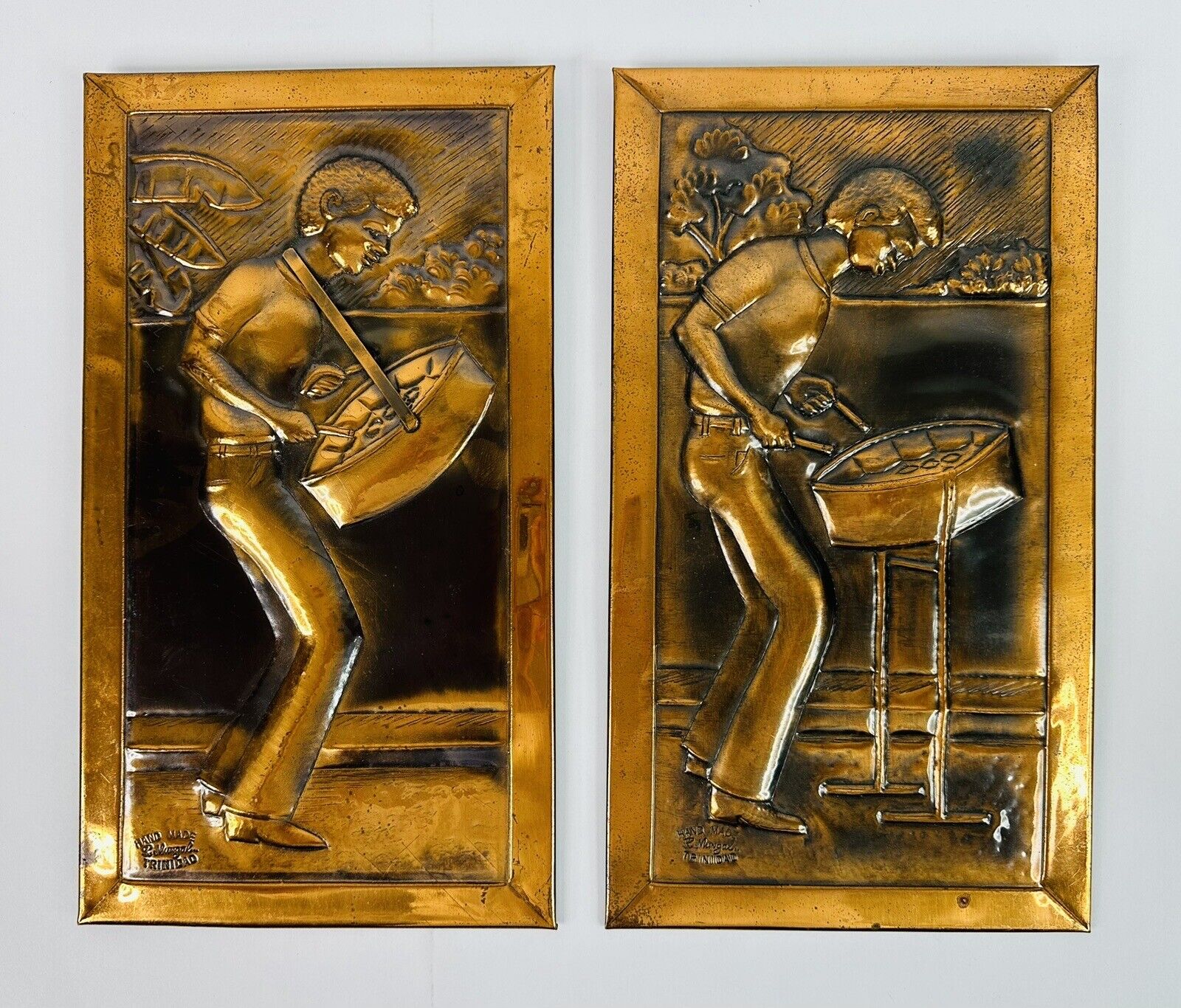 Lot Of 2 Vintage High Relief Copper Art Wall Plaques by R. Mungal Trinidad