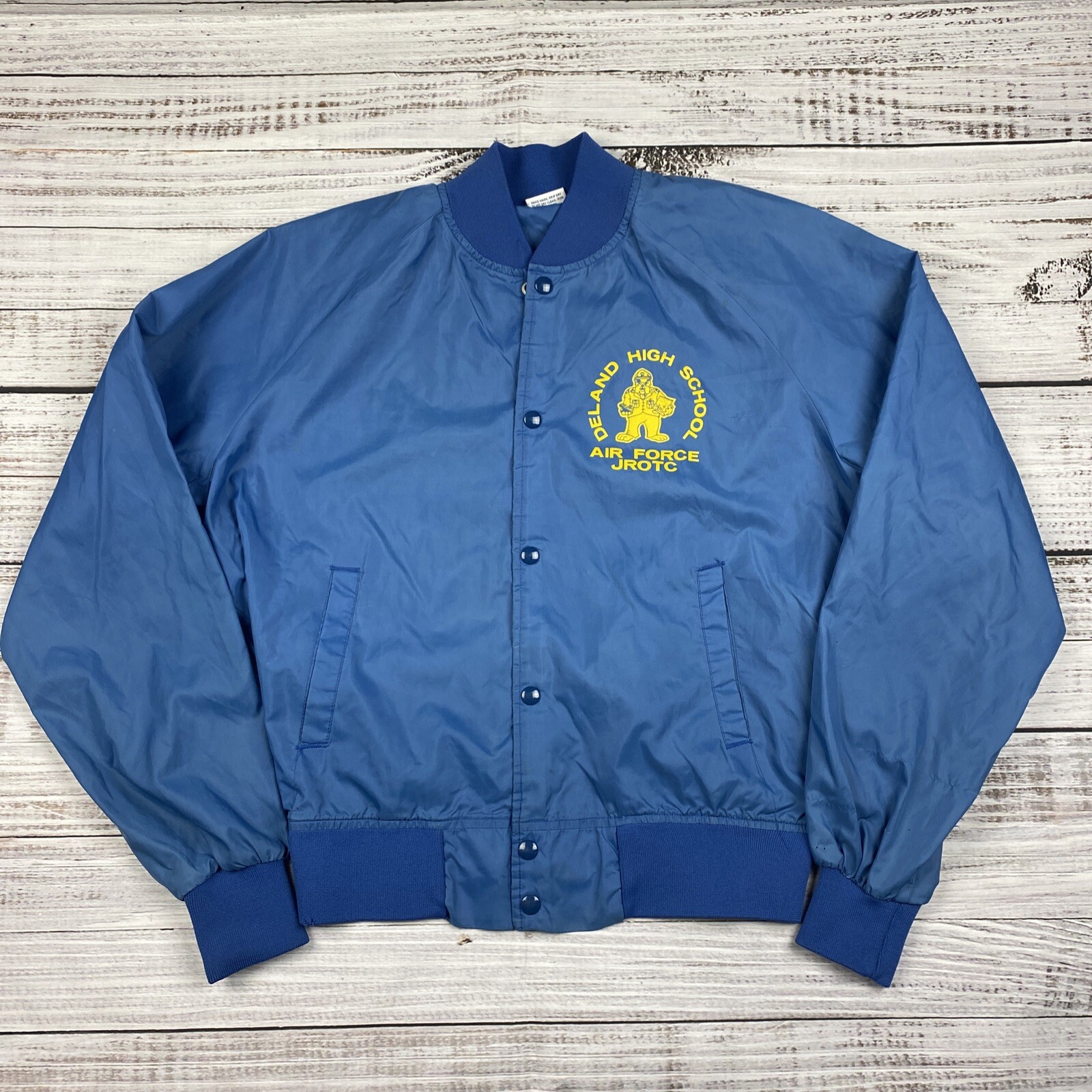VTG 80s Deland High School Air Force ROTC NASCO Blue Satin Bomber Jacket Size L