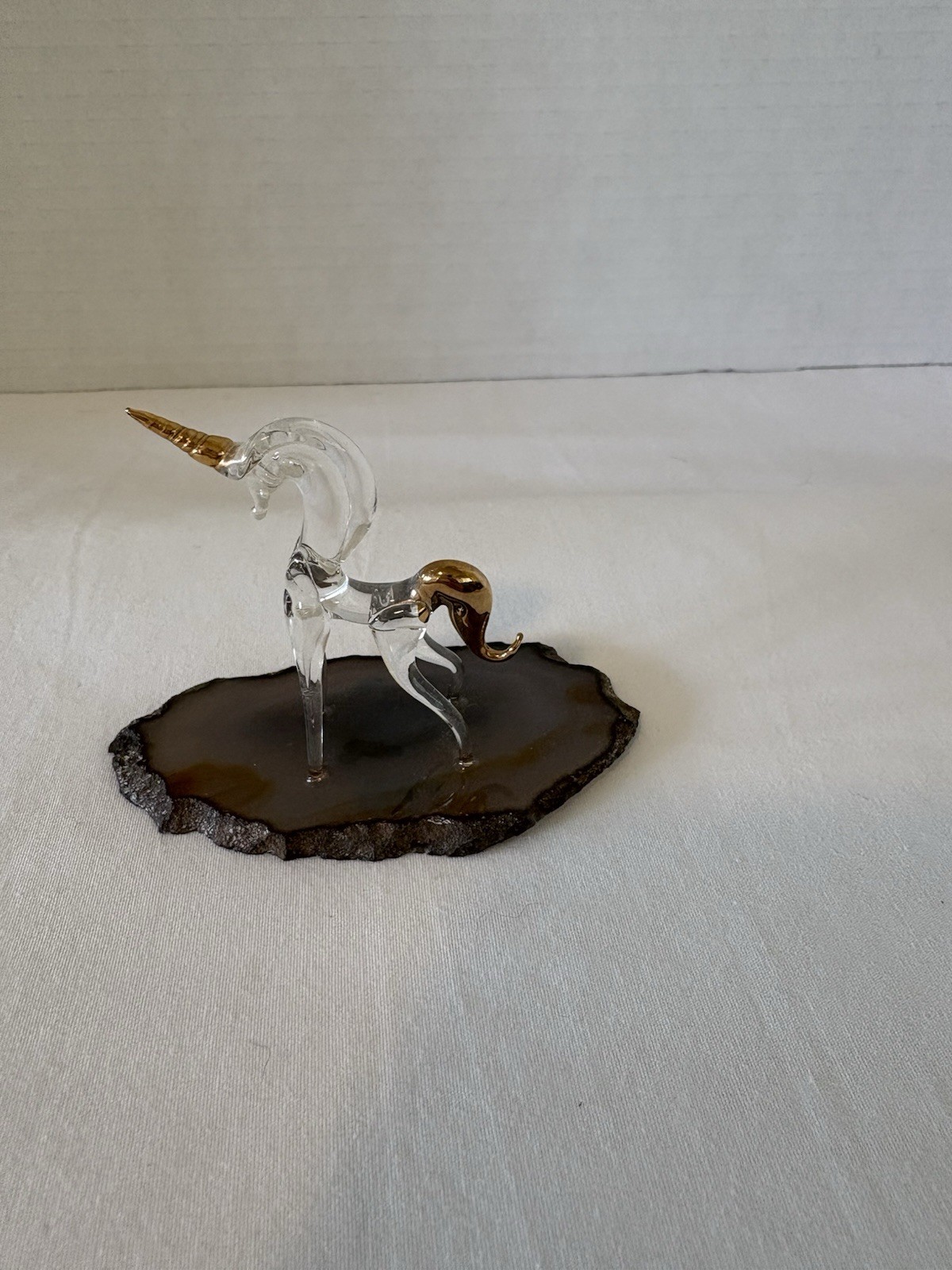 VTG Hand Blown Glass Unicorn Figurine w/ Gold Accents on Agate Stone Miniature 