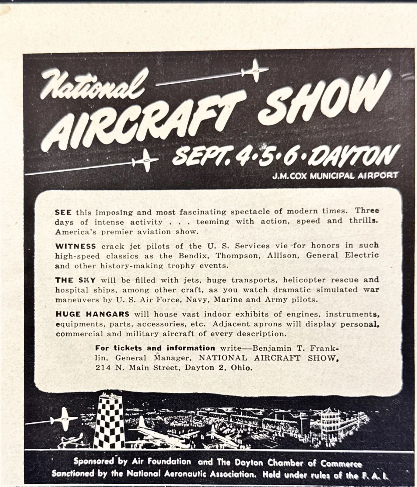 National Aircraft Show Sep 4-6 Dayton J.M. Cox Airport Vintage Print Ad 1954