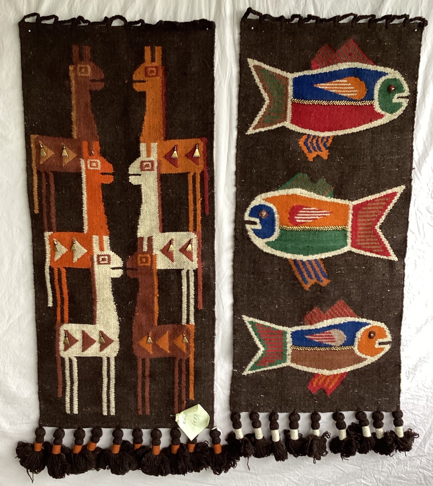 2 Vintage 1980s Folklore Olga Fisch Wall Tapestry Quito Ecuador MCM Fish 35”x17”