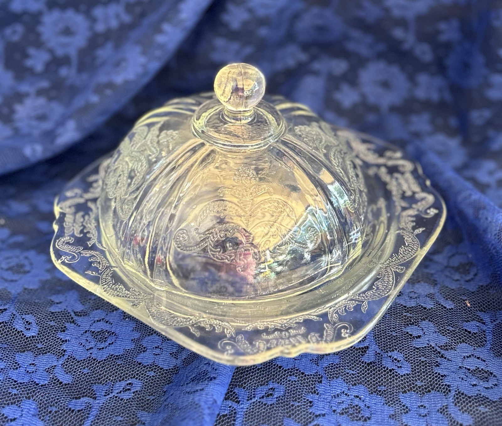 Vtg 1930s Federal Glass Madrid Pattern Clear Etched Covered Butter Dish