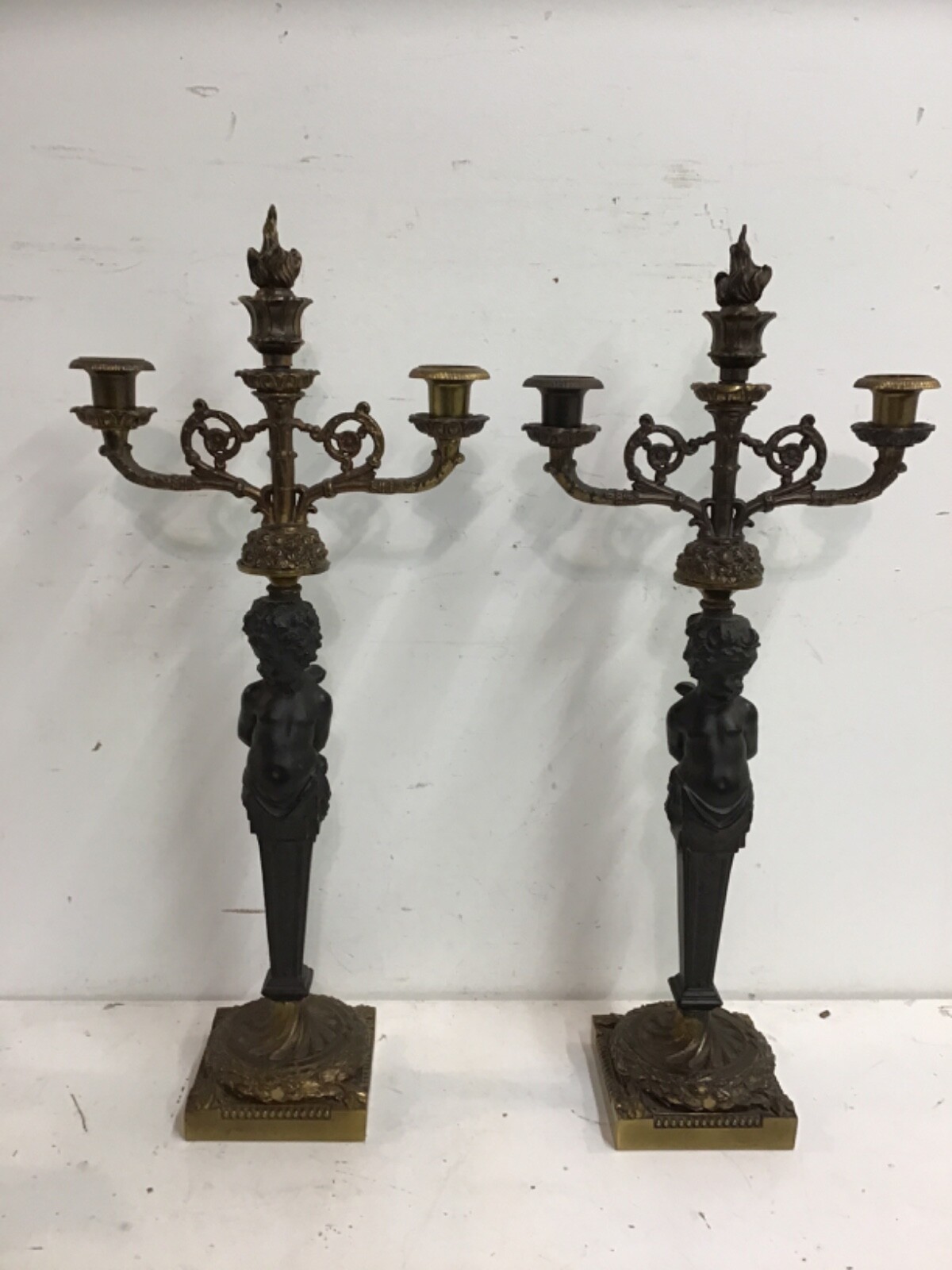 Antique French 3-Light Candelabras Pair Bronze Ormolu Cherub Putti Mantle Taper