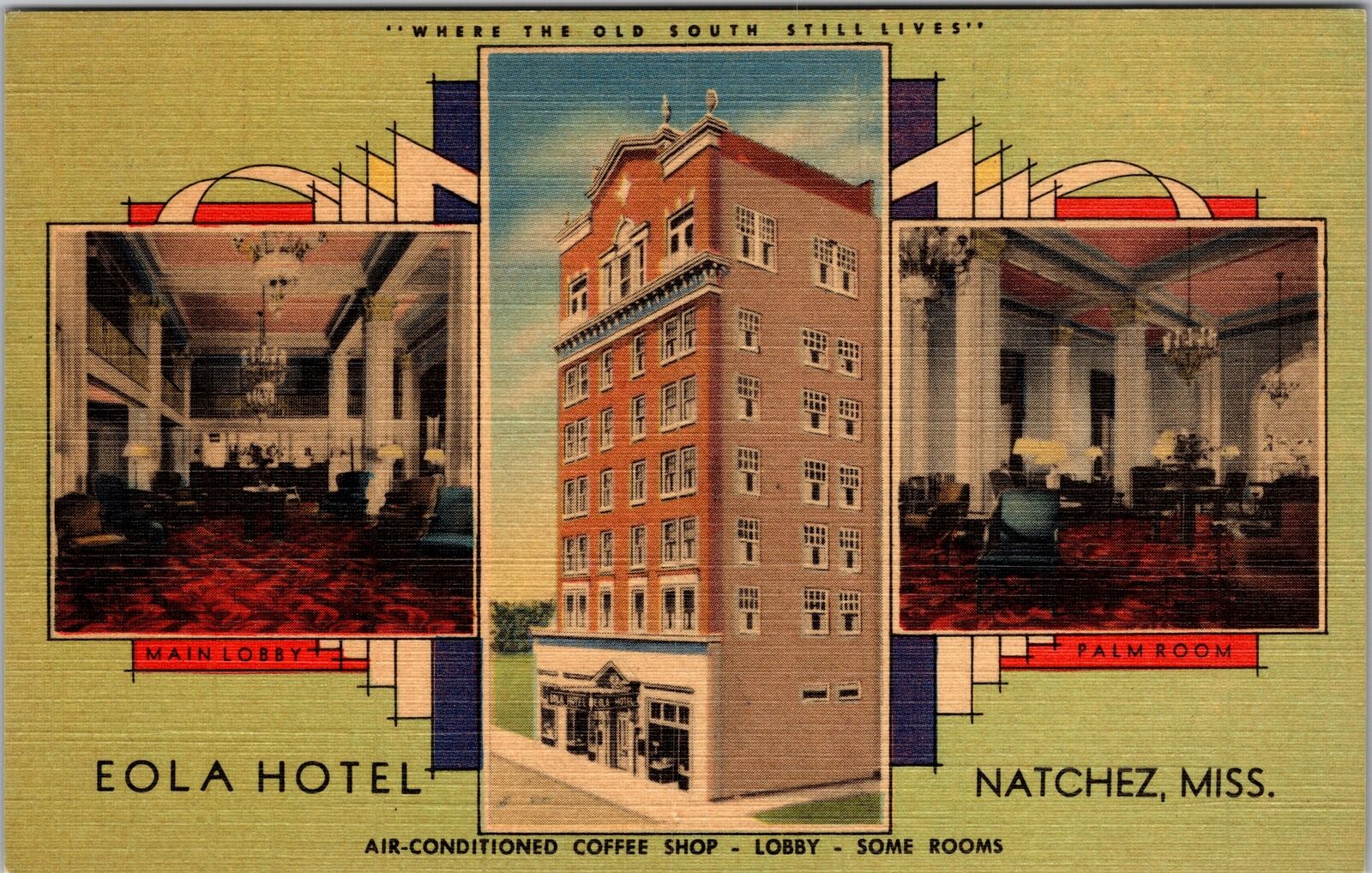 Natchez MS-Mississippi, Eola Hotel, Lobby, Palm Room Antique Vintage Postcard