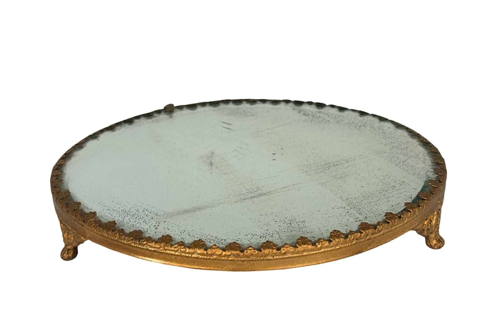 Antique 10” Ormolu Painted Mirrored Plateau Tray Scroll Trim Footed Vanity Antique 10” Ormolu Painted Mirrored Plateau Tray Scroll Trim Footed Vanity