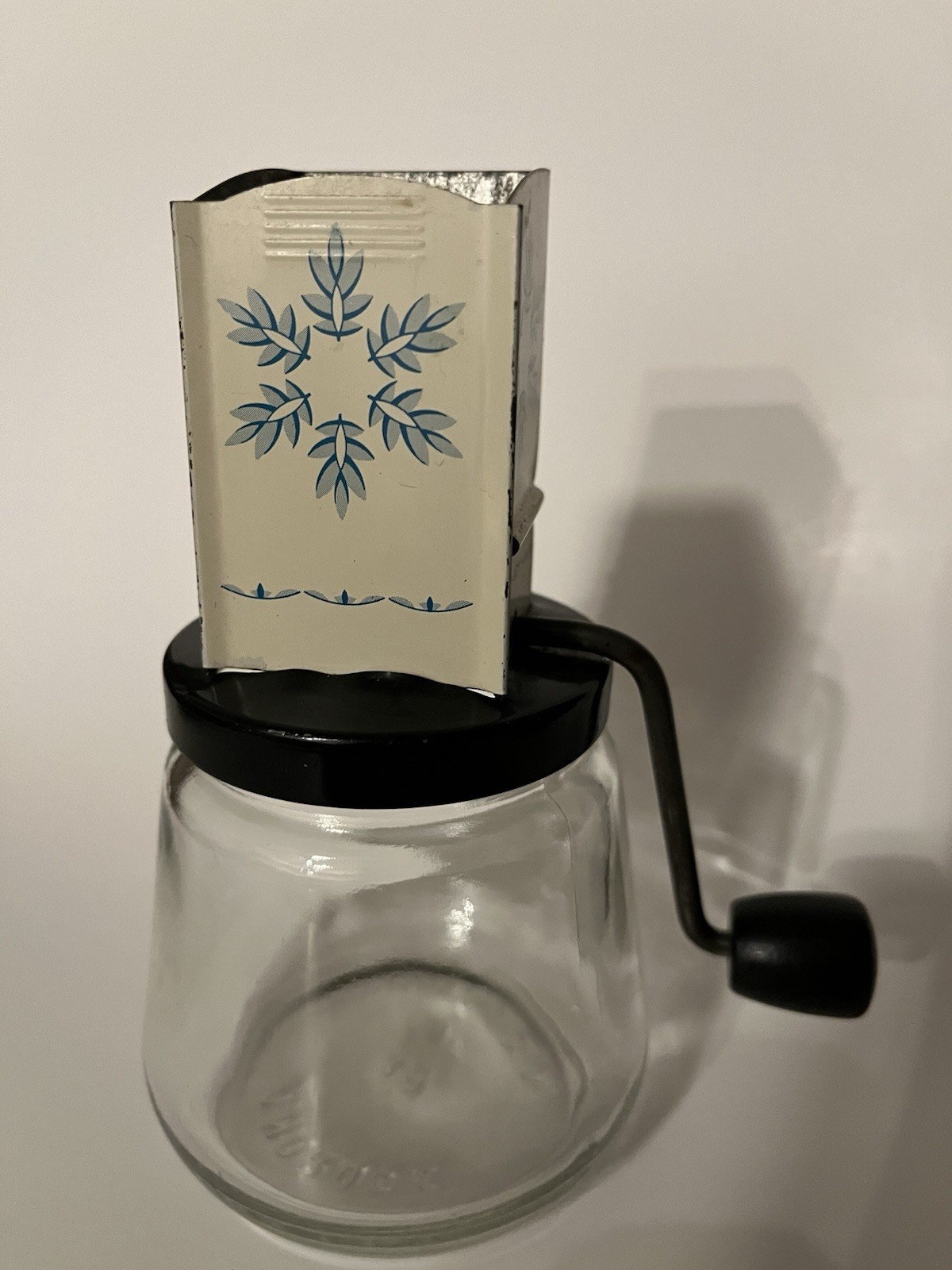 Vintage Androck Nut Chopper Grinder Starburst Design Black Handle Metal Lid