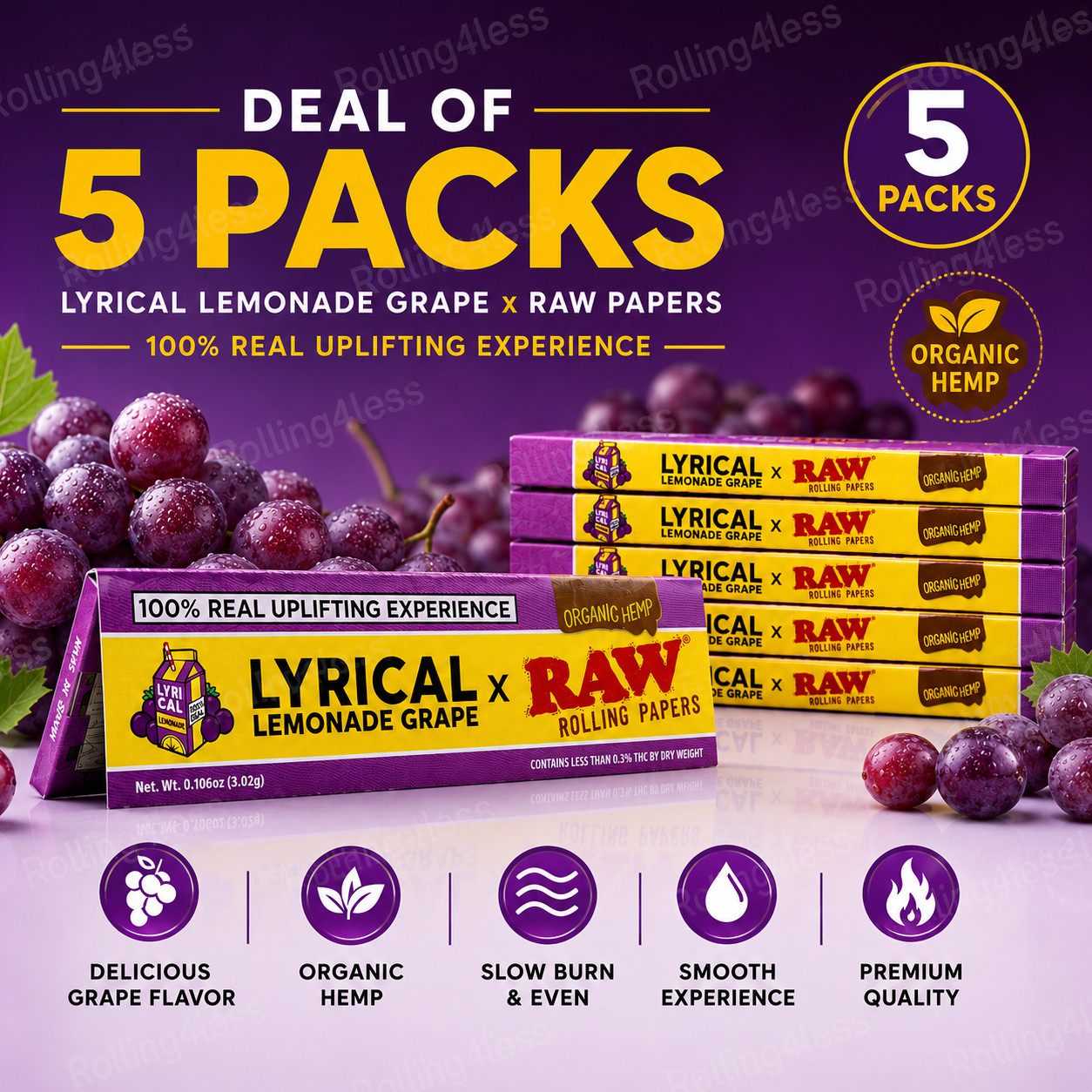 RAW x Lyrical Lemonade Grape King Size Wide Rolling Papers 5 Packs 160 Leaves