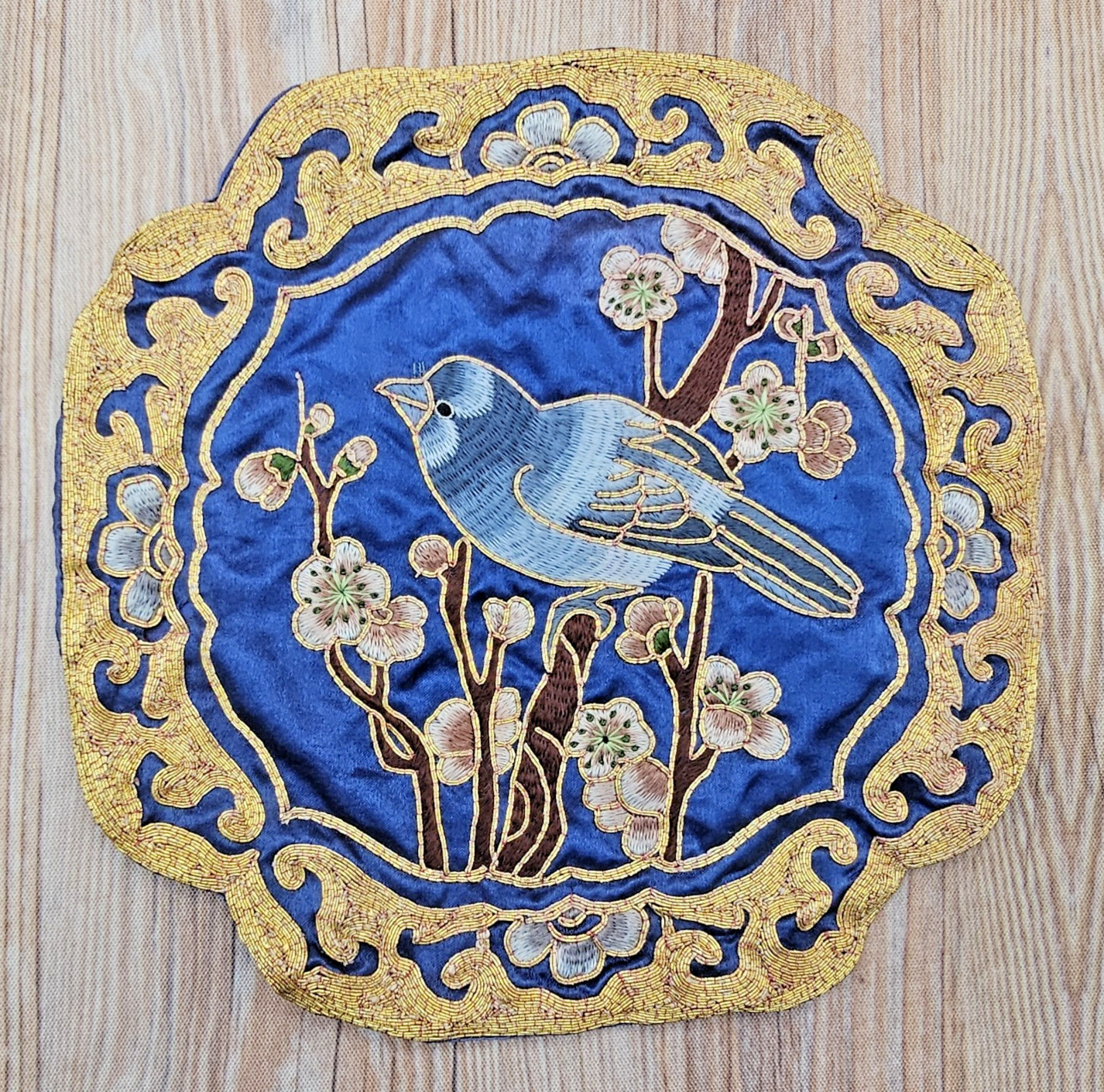 Chinese Silk Embroidery Patch Bird Floral Branches Gold Blue 6.5 Chinese Silk Embroidery Patch Bird Floral Branches Gold Blue 6.5