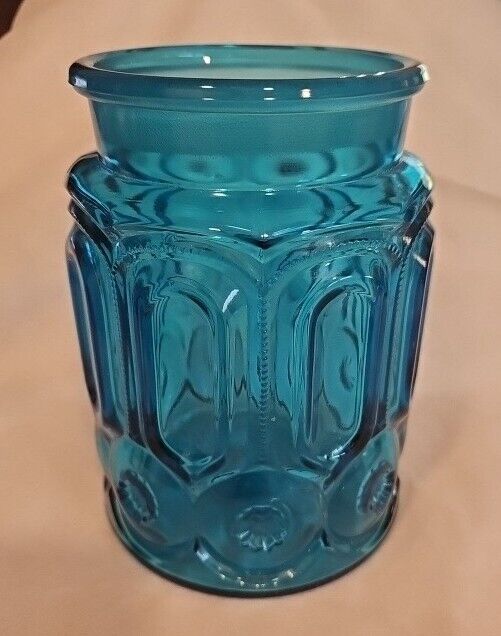 Vintage LE Smith Moon and Star Aqua Blue Glass Canister No Lid Large Jar 8\