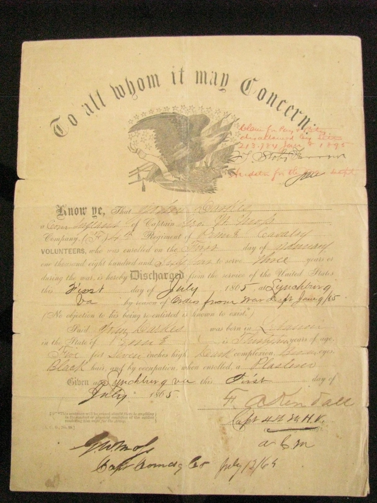 CIVIL WAR  LYNCHBURG VIRGINIA  4TH PENNSYLVANIA CAVALRY DISCHARGE 1865